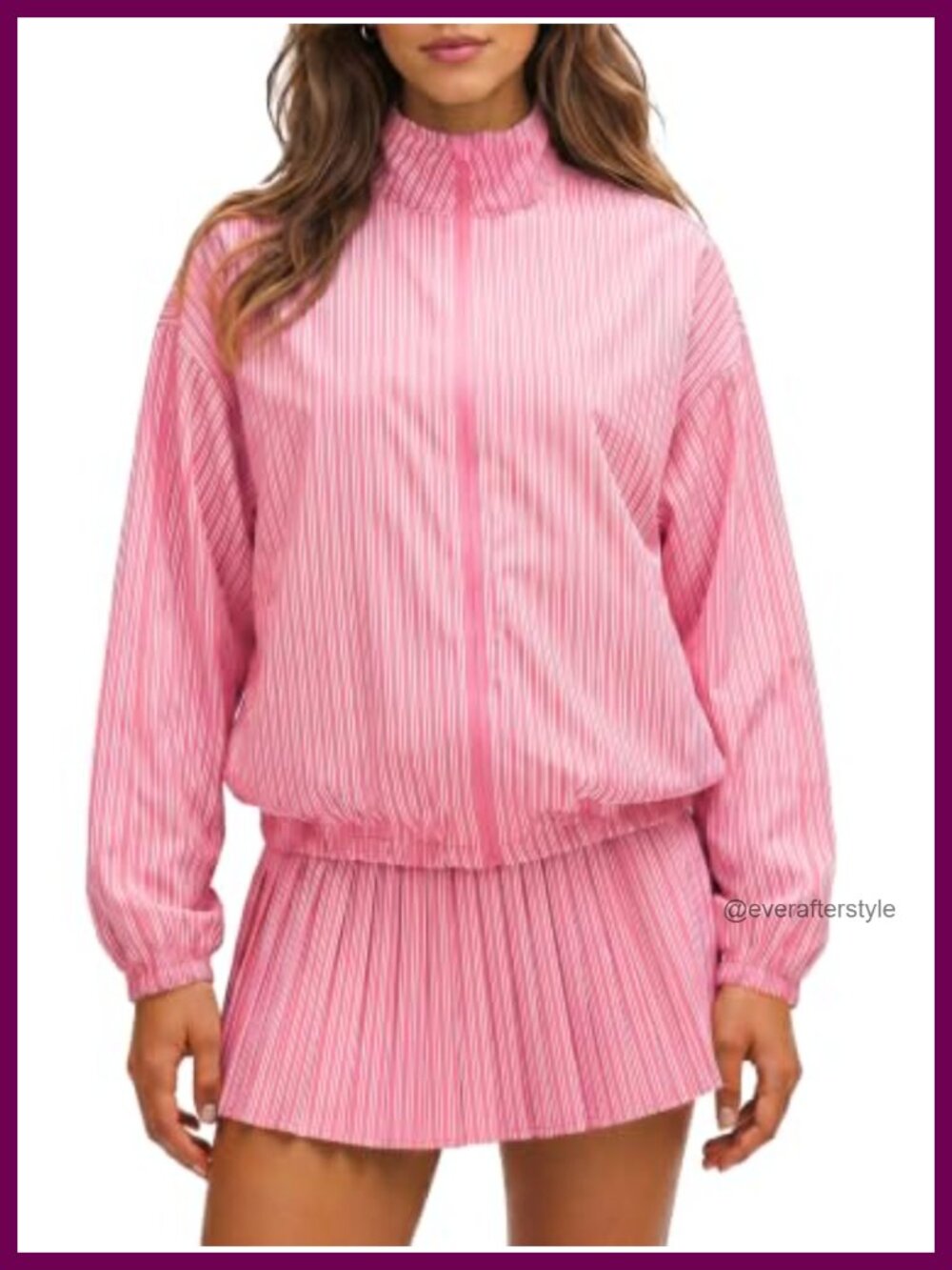 Womens Striped 2 Piece Skirt Set Zip Up Jacket Pleated Skirt Tennis Outfit